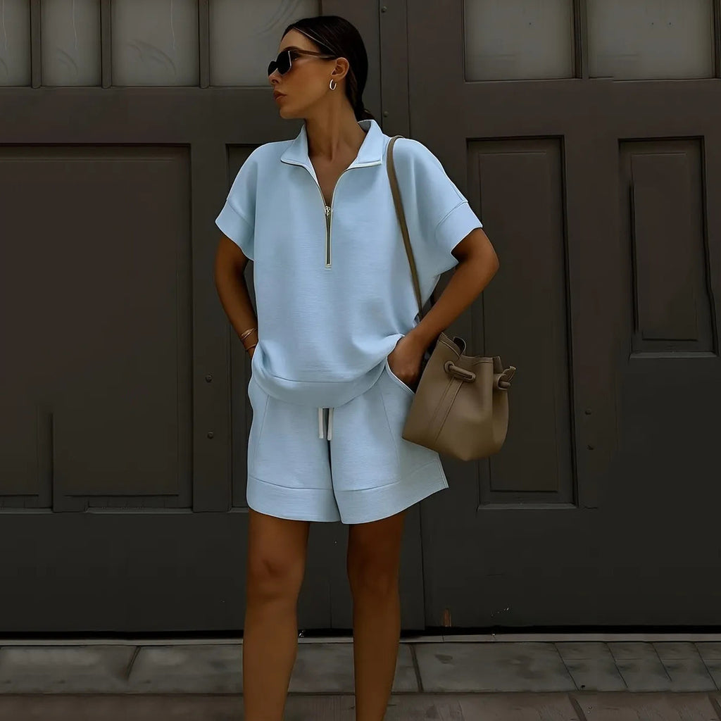 Solid-Color Casual Sweatshirt & Shorts Two-Piece Set