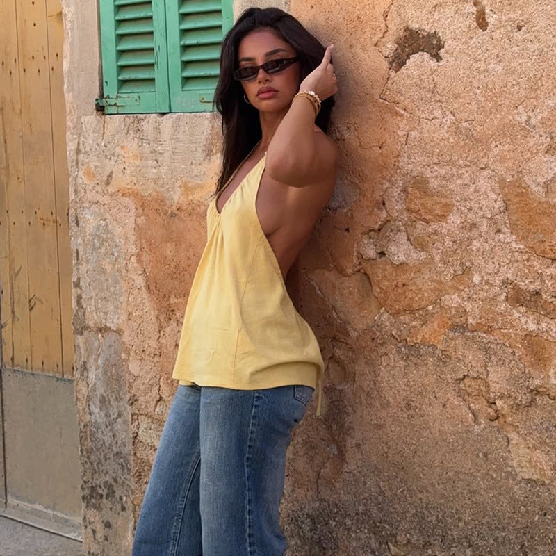 Deep V-Neck Backless Halter Top