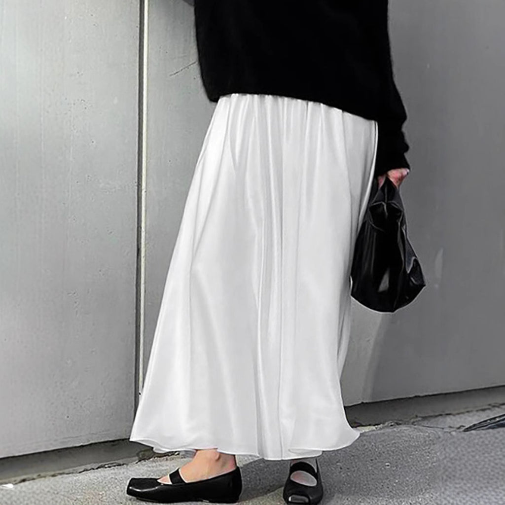 White Satin Pleated High-Waist Maxi Skirt