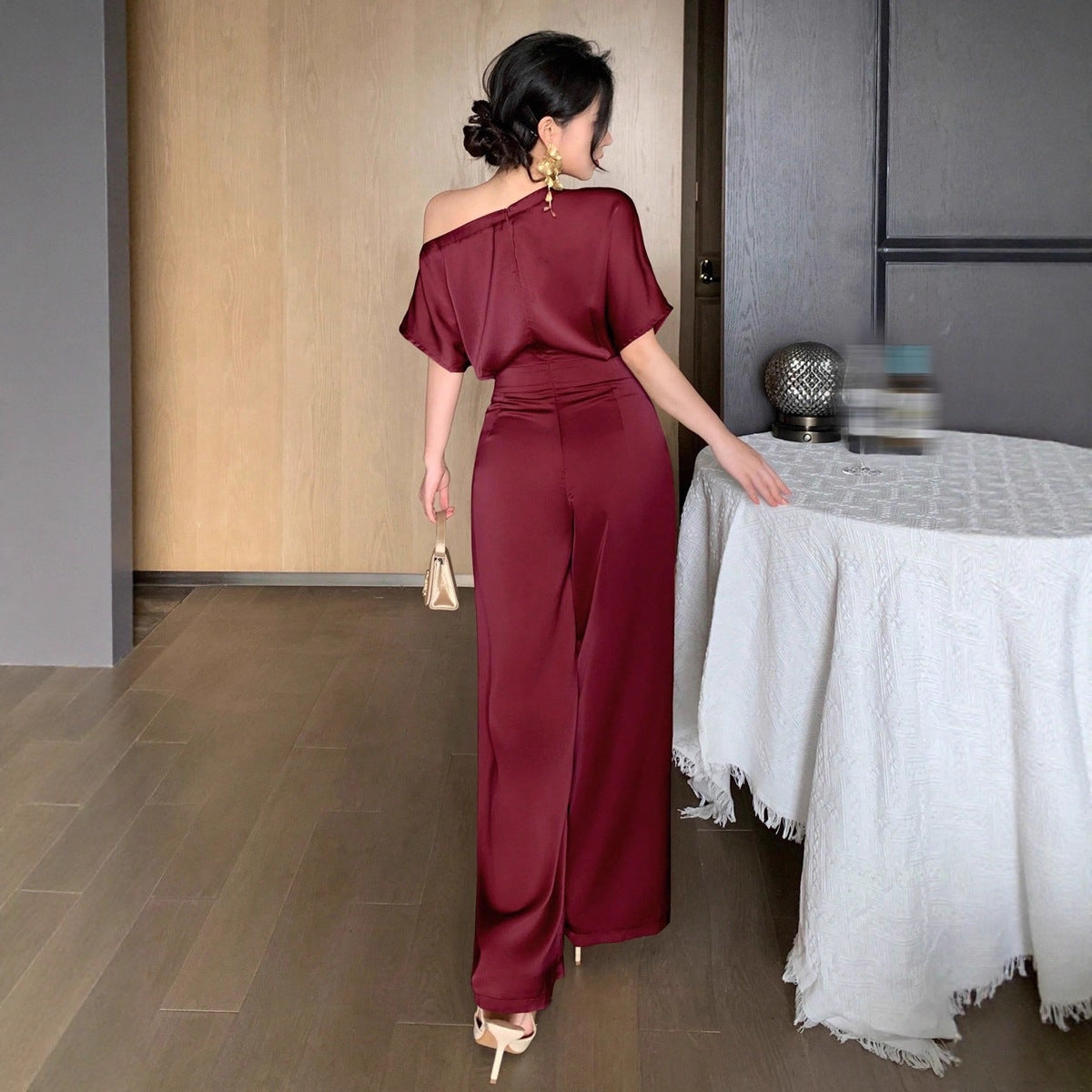 Asymmetrical Patchwork Three-Quarter Sleeve Jumpsuit