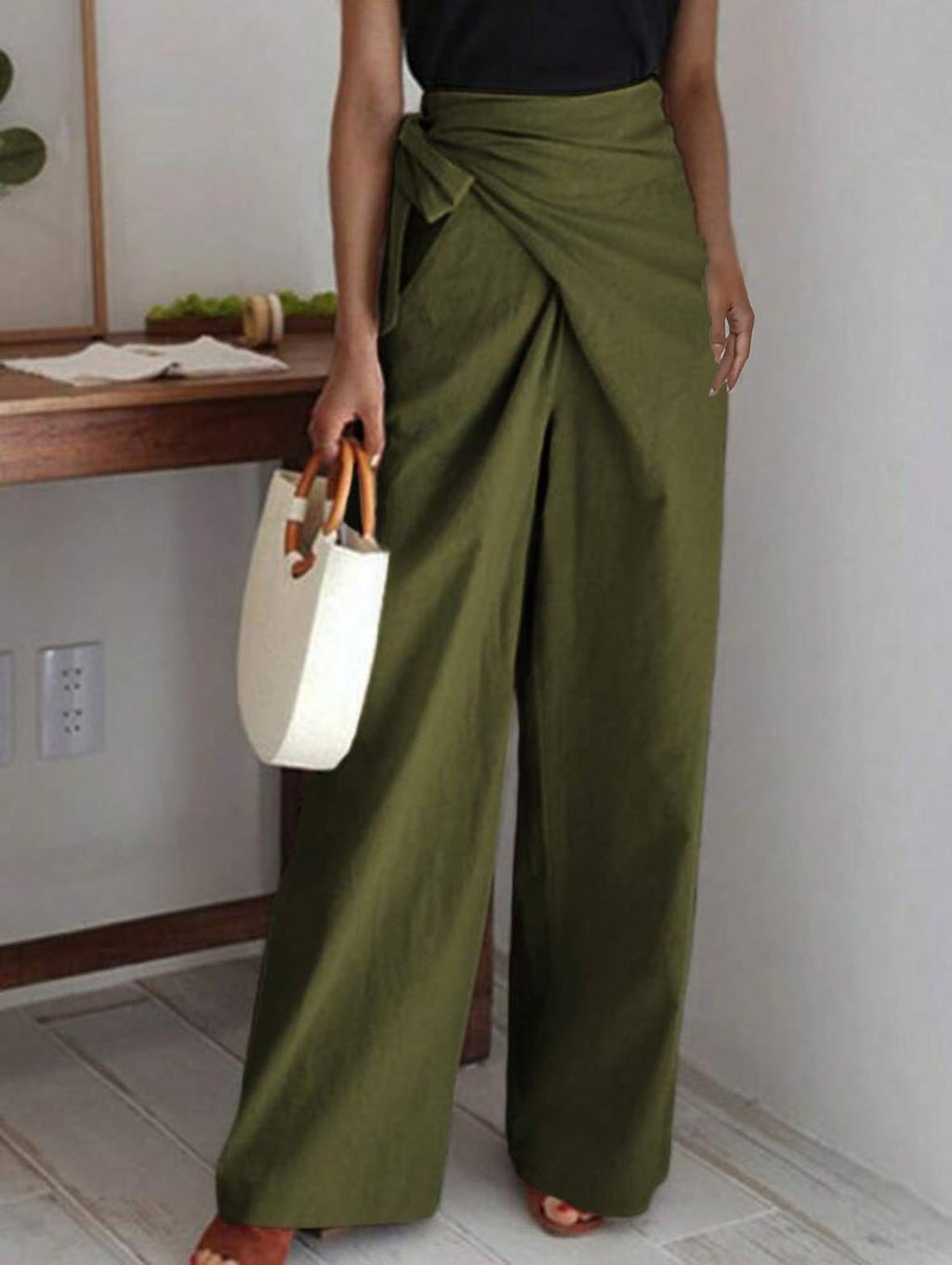 Bow-Tie High-Waist Straight-Leg Trousers