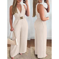 Resort-Style Crossover V-Neck Wide-Leg Jumpsuit