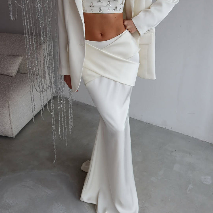 White Satin Cross-Design Long Bodycon Skirt