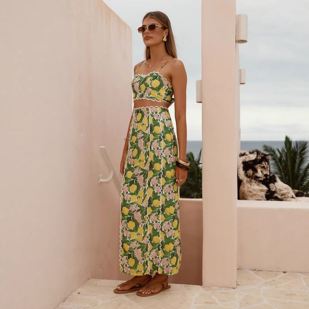 Lace-Trimmed Linen Camisole & Midi Skirt Set