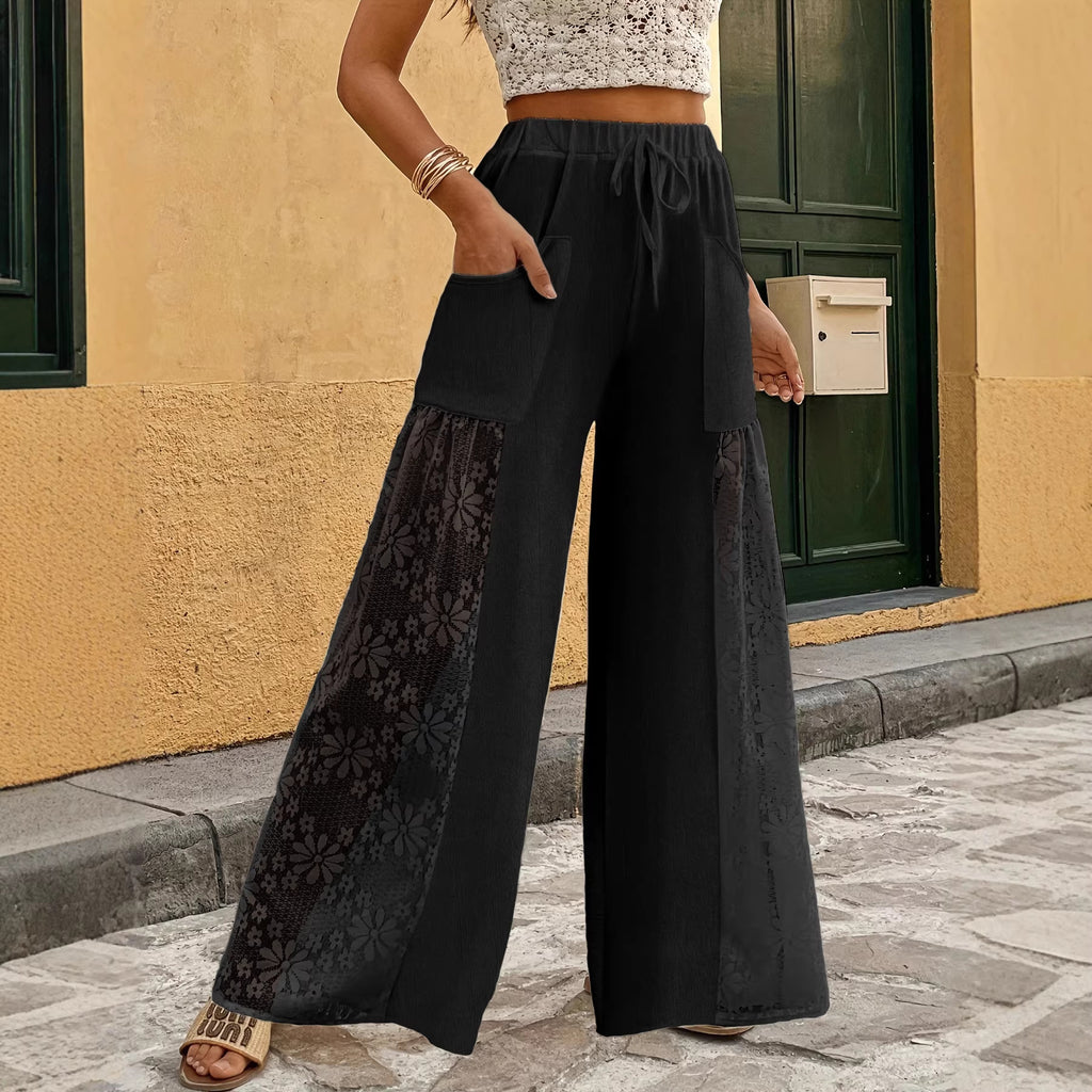 Luxe Lace-Trim Wide-Leg Trousers