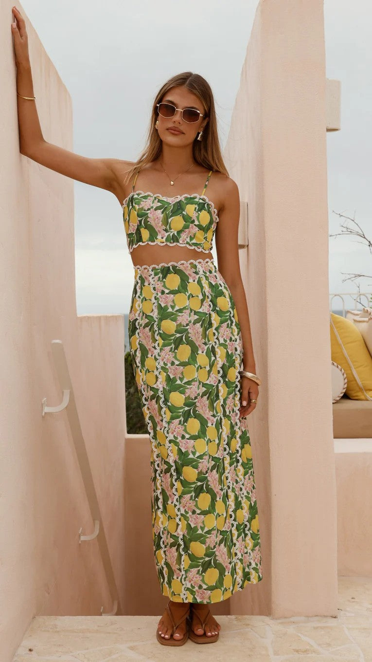 Lace-Trimmed Linen Camisole & Midi Skirt Set