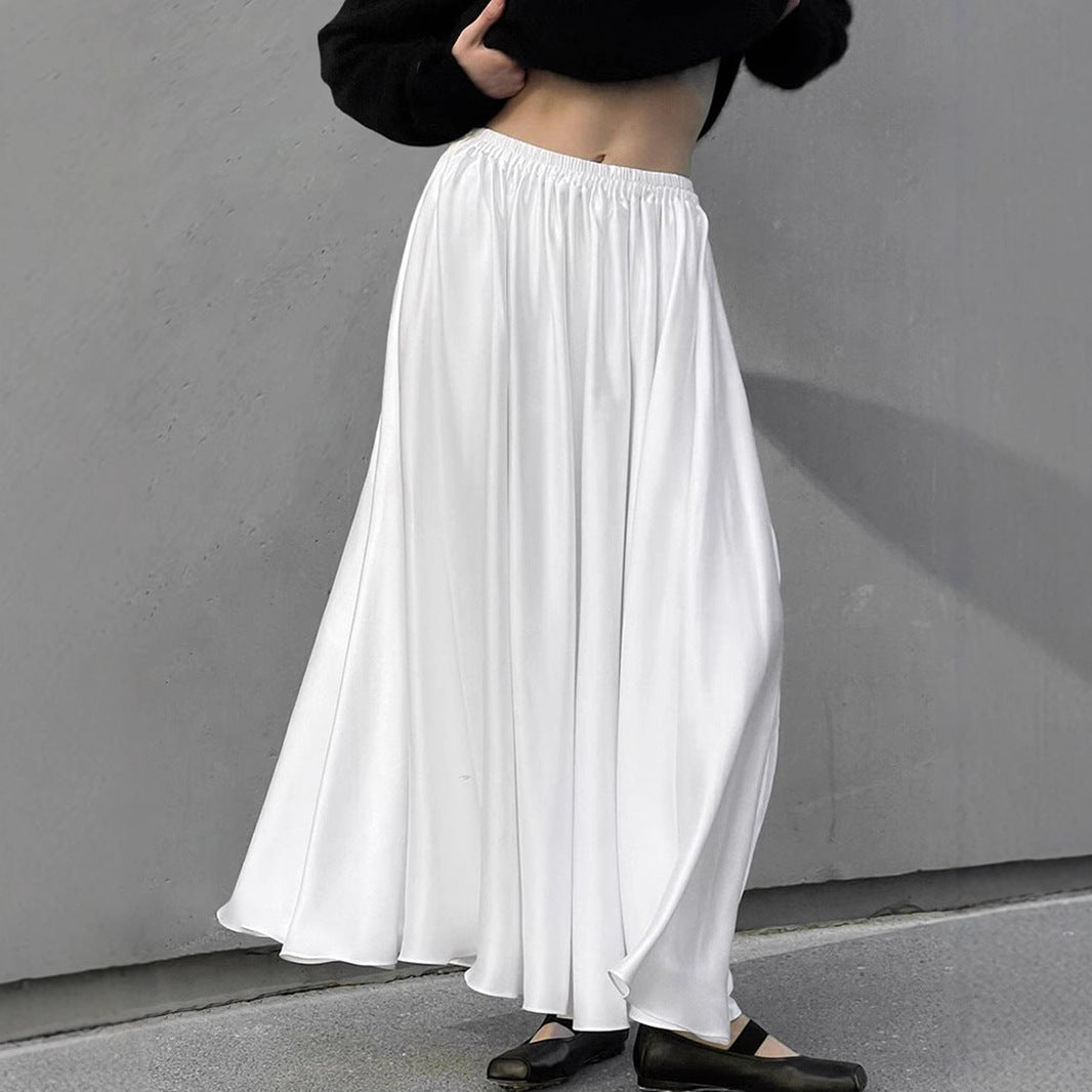 White Satin Pleated High-Waist Maxi Skirt