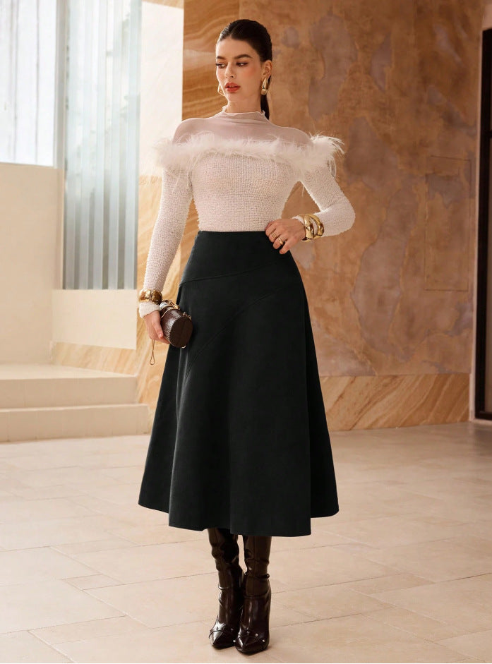 Solid-Color Faux Suede A-Line Long Skirt
