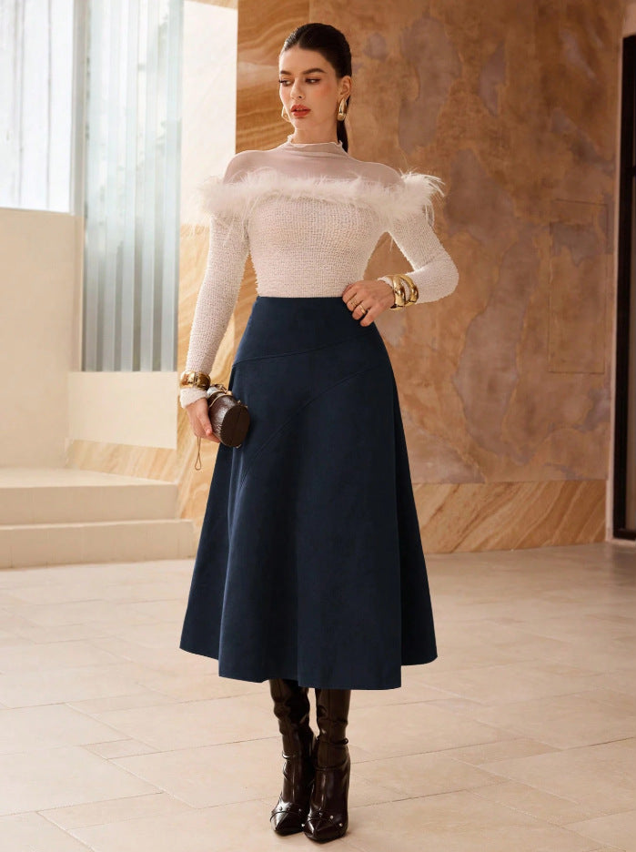 Solid-Color Faux Suede A-Line Long Skirt