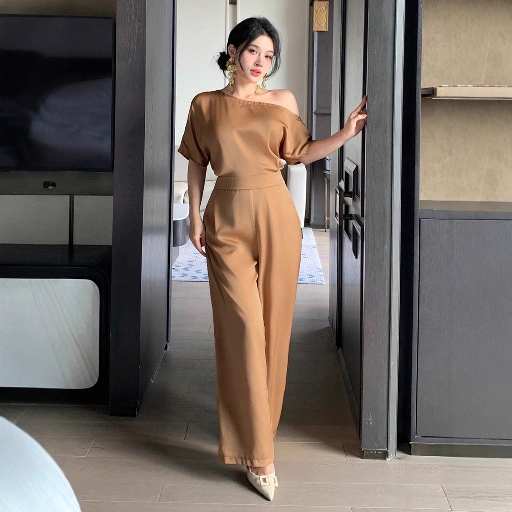 Asymmetrical Patchwork Three-Quarter Sleeve Jumpsuit