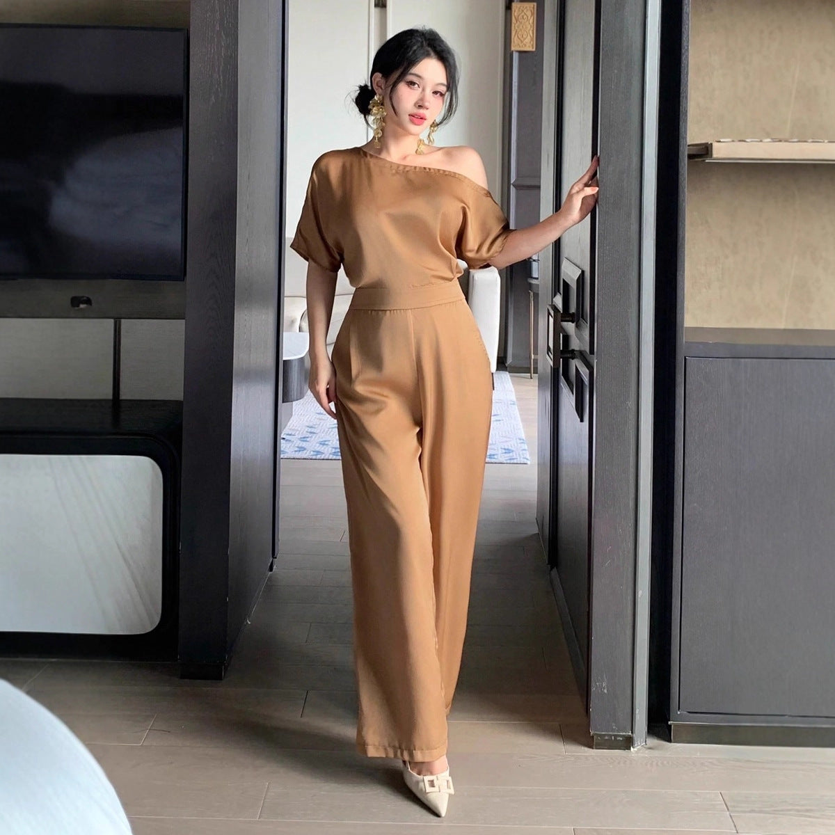 Asymmetrical Patchwork Three-Quarter Sleeve Jumpsuit