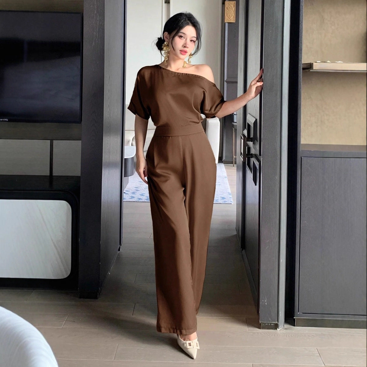 Asymmetrical Patchwork Three-Quarter Sleeve Jumpsuit