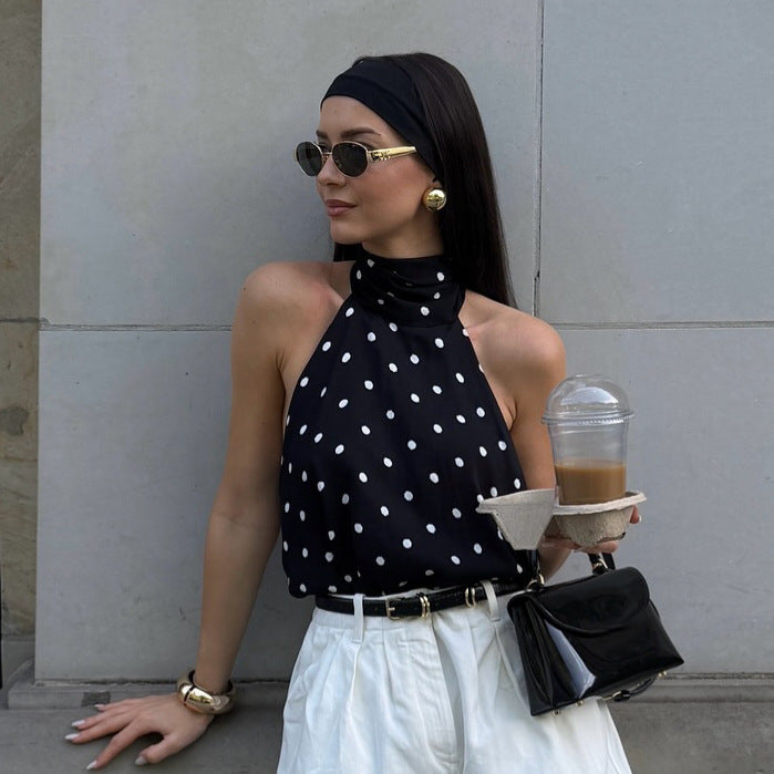 Satin Polka-Dot Lace-Up Halterneck Camisole
