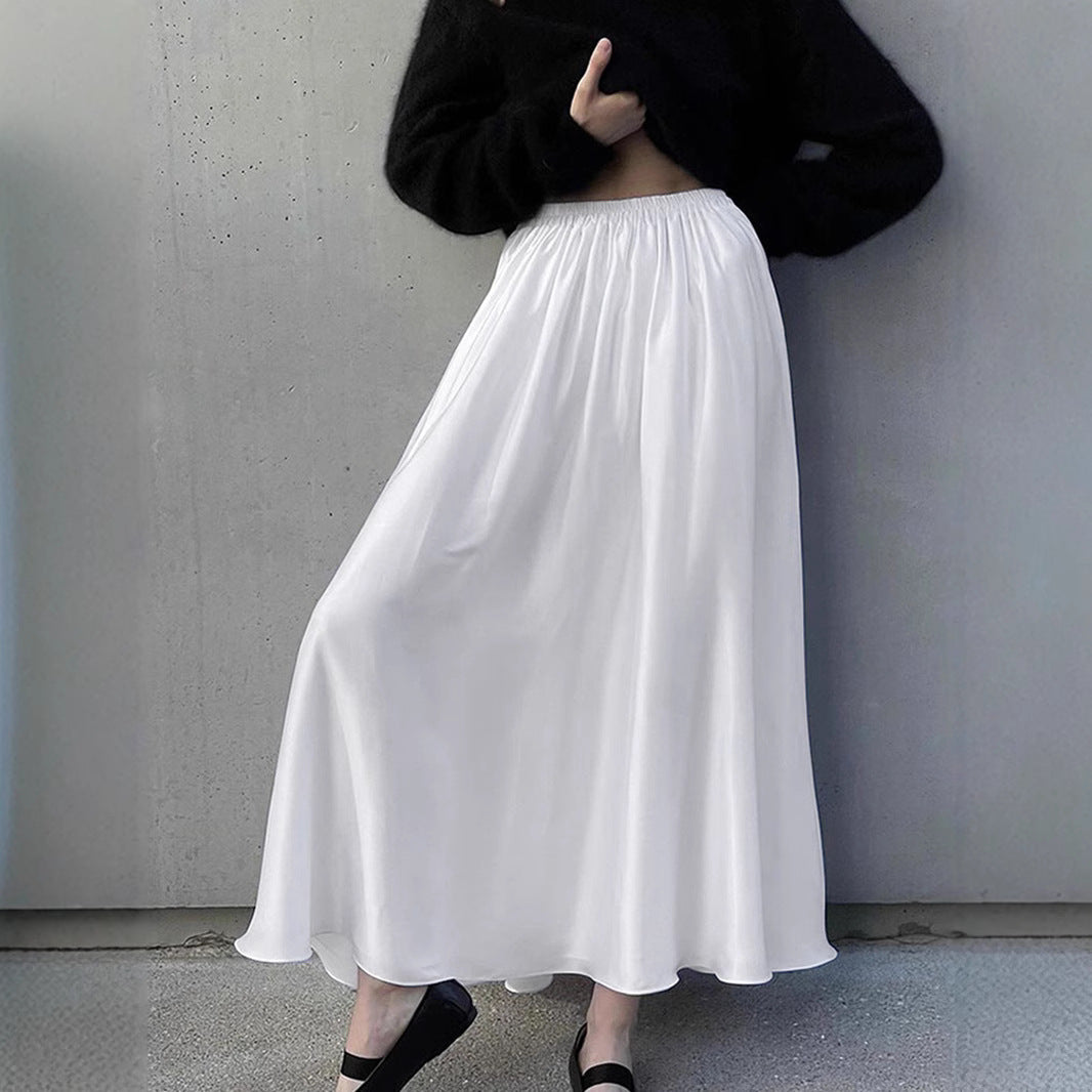 White Satin Pleated High-Waist Maxi Skirt