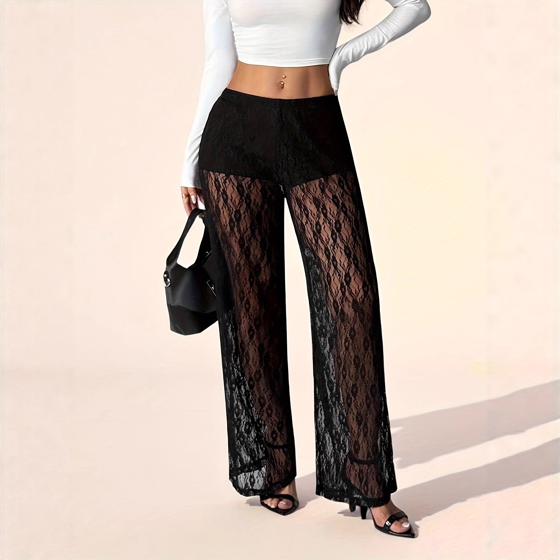 High-Waist Lace-Panel Wide-Leg Pants
