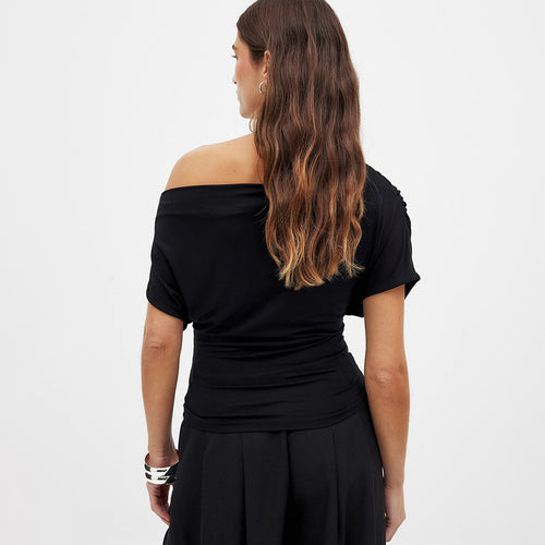 Asymmetric Pleated Short-Sleeve Top